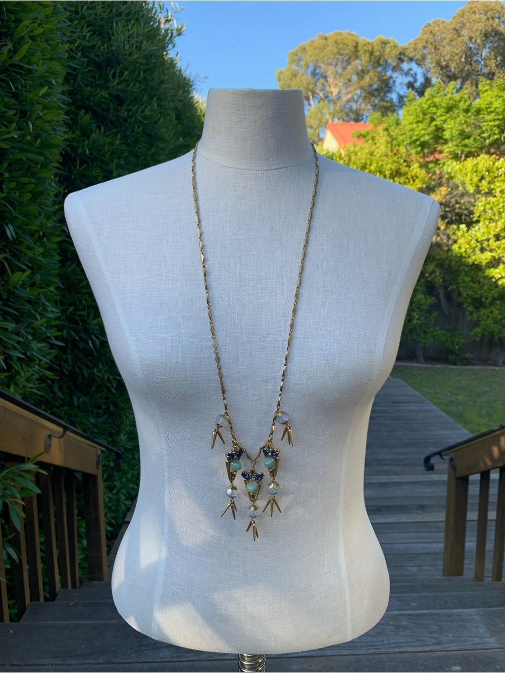 Vintage-J. Crew Gold Long pendant Necklace with Turquoise and Pearl Accents